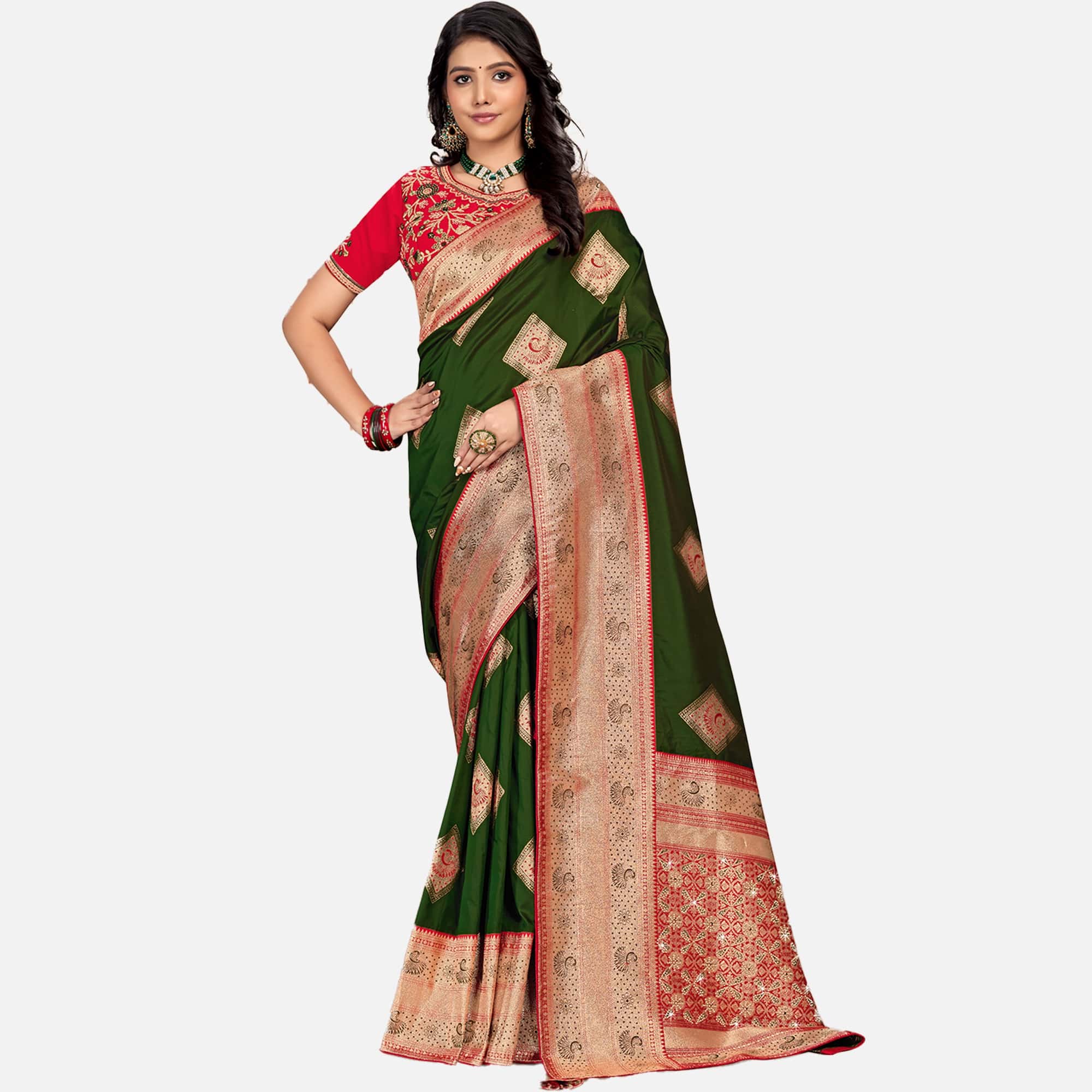 Amolika Sarees Bottle Green & Red Silk Saree With Fully Stitched Contrast Blouse & Extra Unstitched Blouse Fabric