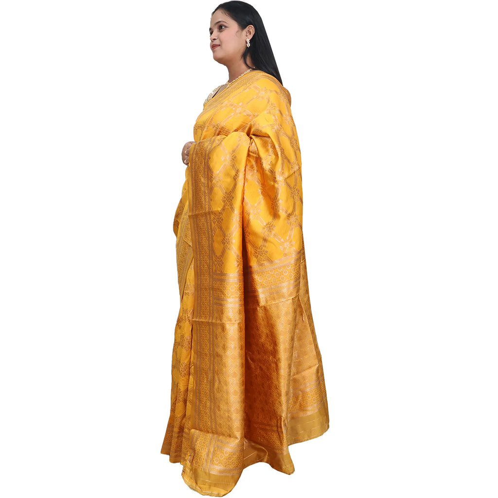 Amolika Sarees Mustard Banarasi Silk Saree With Premium Gold Zari Craft & Unstitched Blouse