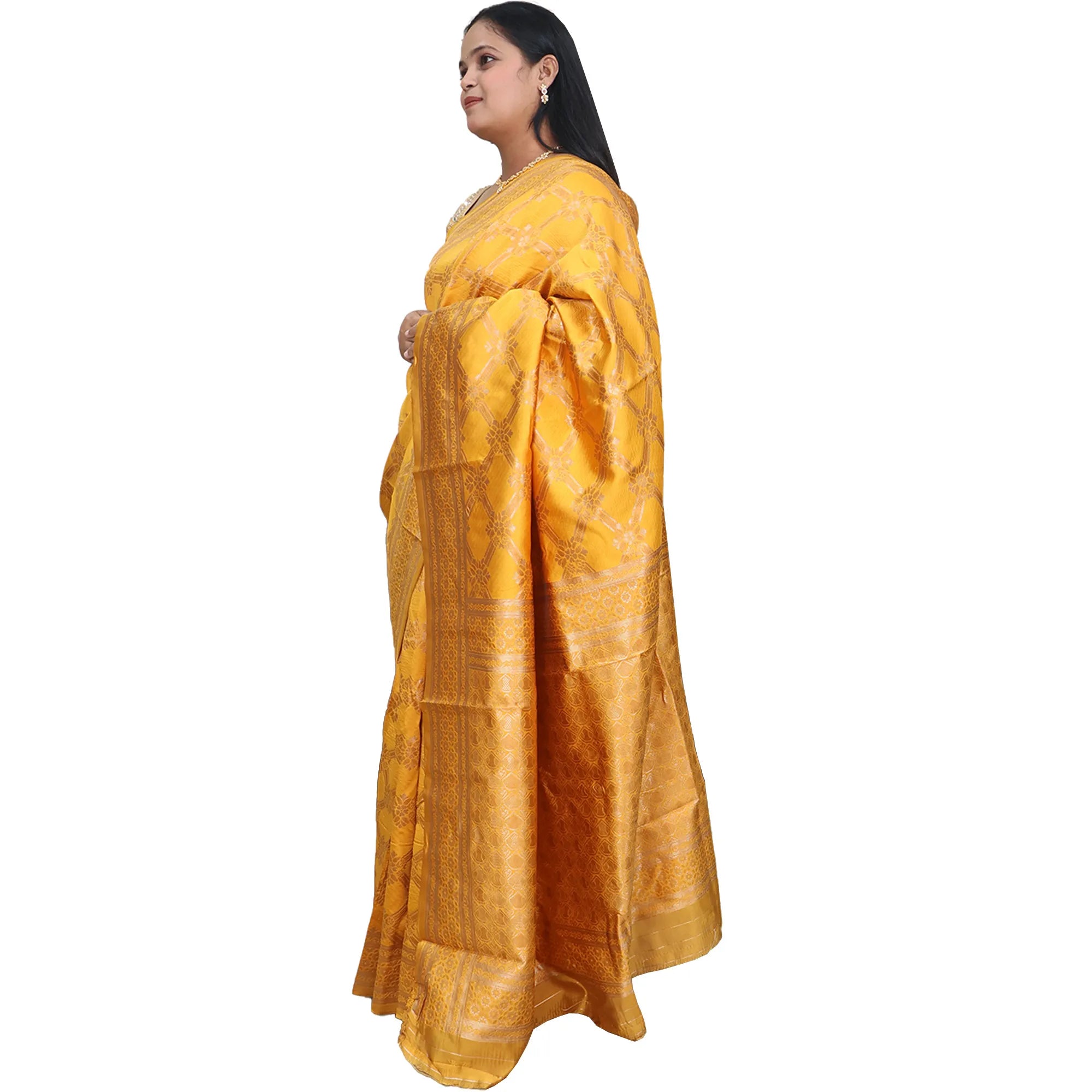 Amolika Sarees Mustard Banarasi Silk Saree With Premium Gold Zari Craft & Unstitched Blouse