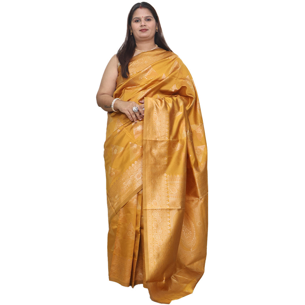 Amolika Sarees Mustard Pure Banarasi Silk Saree With Rich Butta Zari Work & Unstitched Blouse Piece