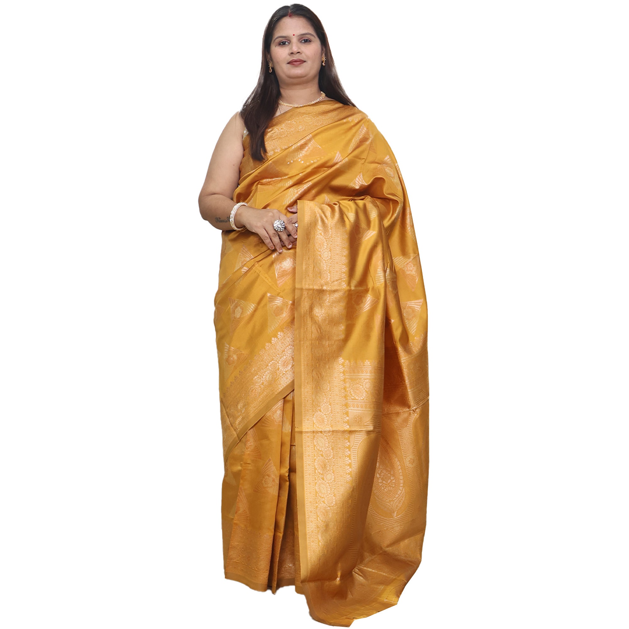 Amolika Sarees Mustard Pure Banarasi Silk Saree With Rich Butta Zari Work & Unstitched Blouse Piece