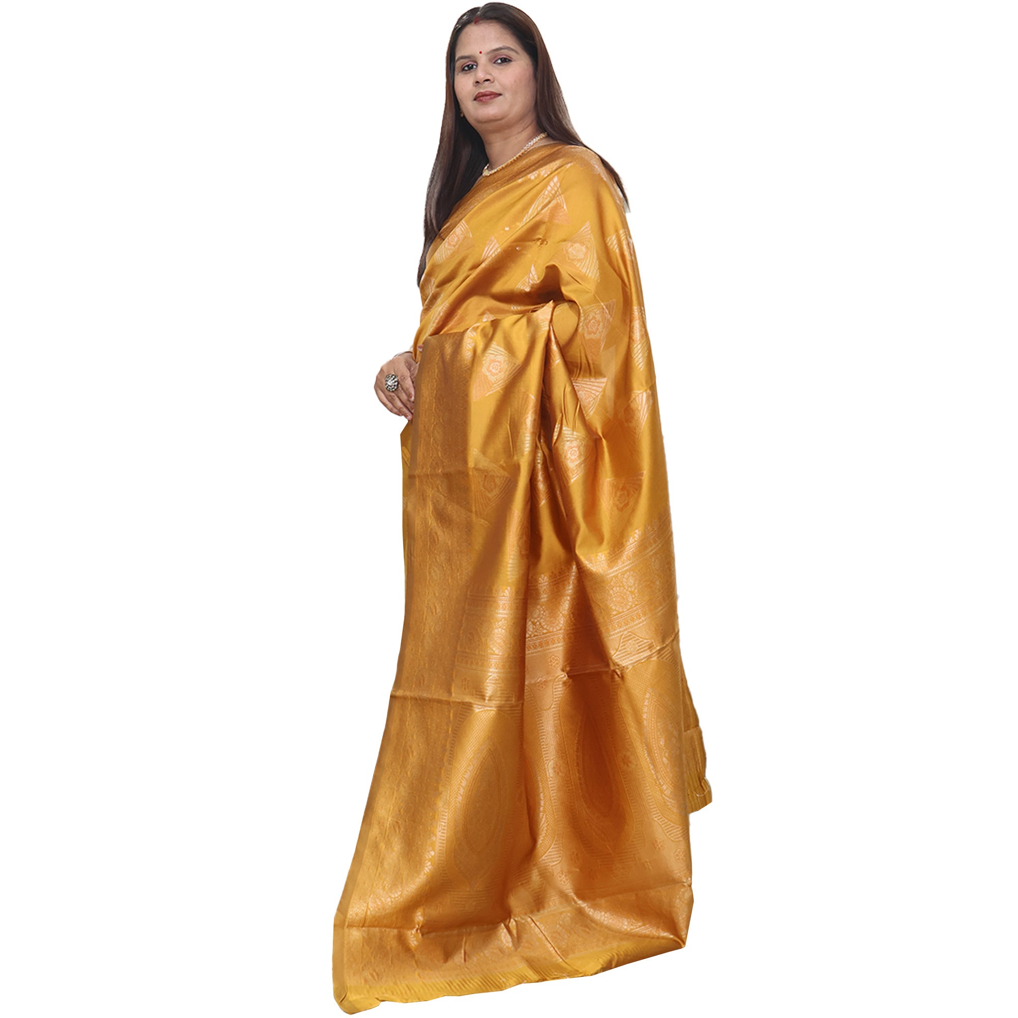 Amolika Sarees Mustard Pure Banarasi Silk Saree With Rich Butta Zari Work & Unstitched Blouse Piece