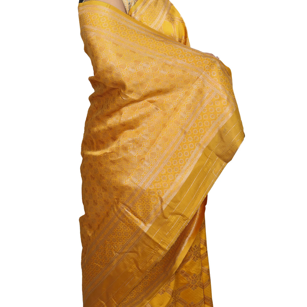 Amolika Sarees Mustard Banarasi Silk Saree With Premium Gold Zari Craft & Unstitched Blouse