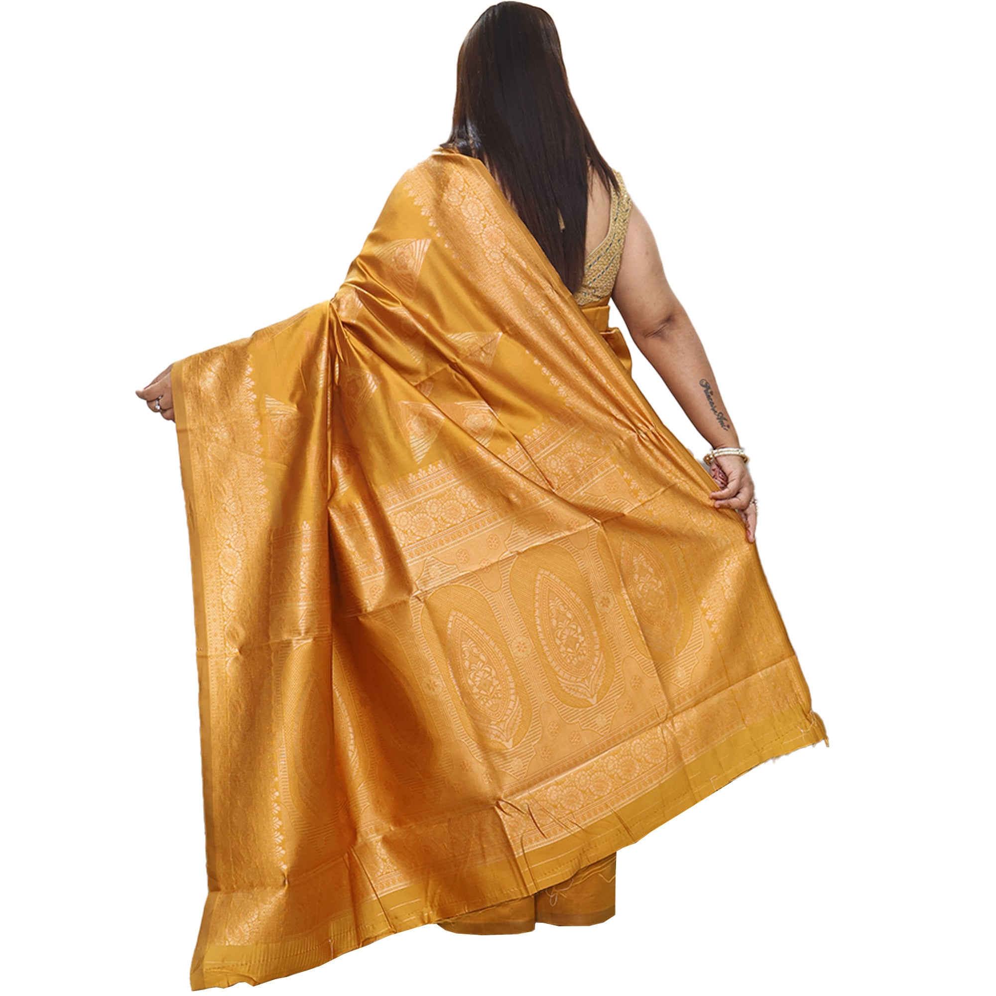Amolika Sarees Mustard Pure Banarasi Silk Saree With Rich Butta Zari Work & Unstitched Blouse Piece