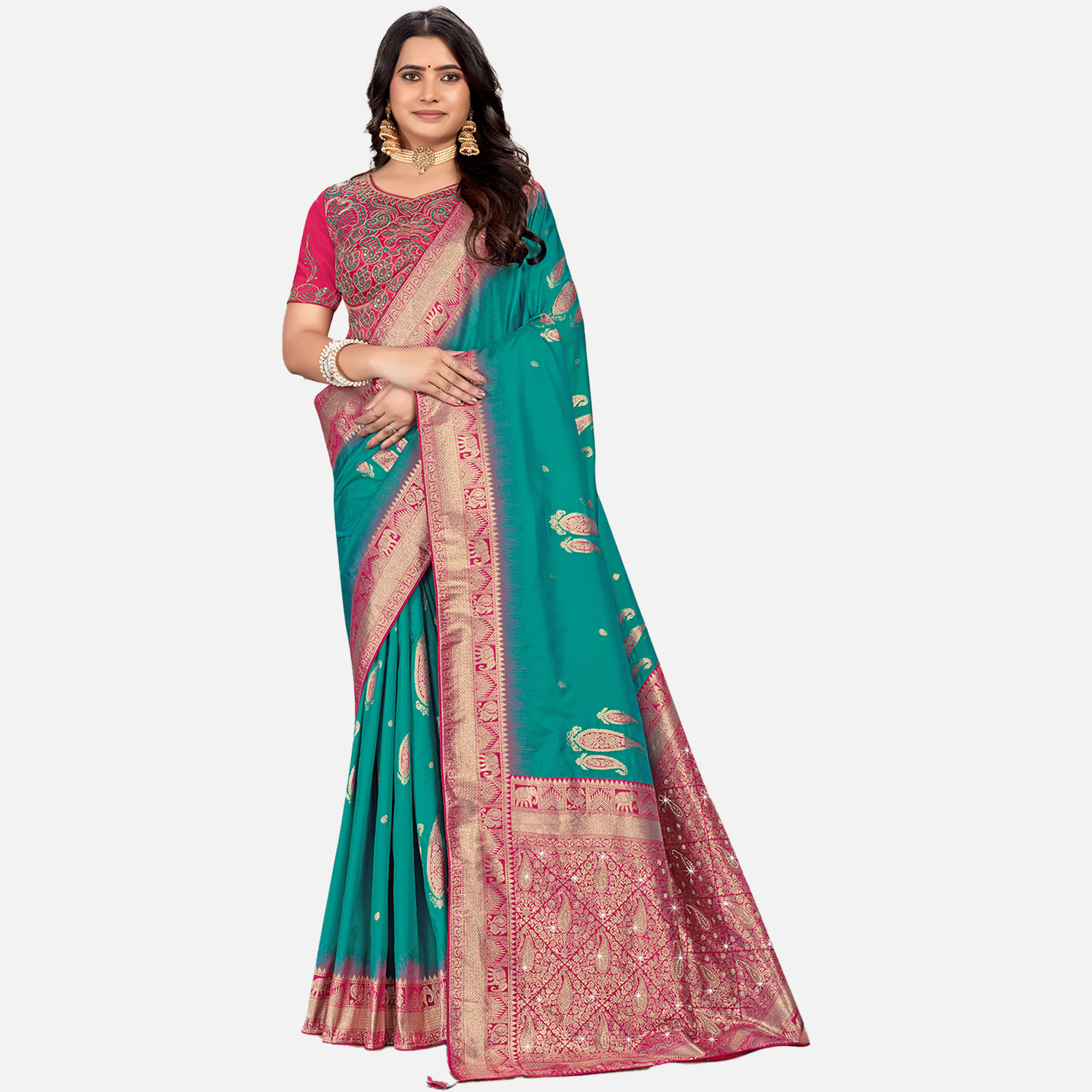 Amolika Sarees Teal Green & Pink Silk Saree With Fully Stitched Contrast Blouse & Extra Unstitched Blouse Fabric