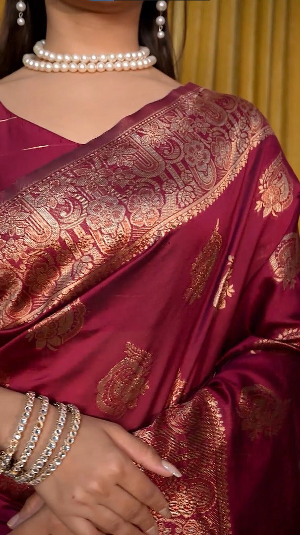 Amolika Designer Magic Silk Wine Saree With Rich Gold Zari Work & Swarovski Highlights With Unstitched Blouse Piece