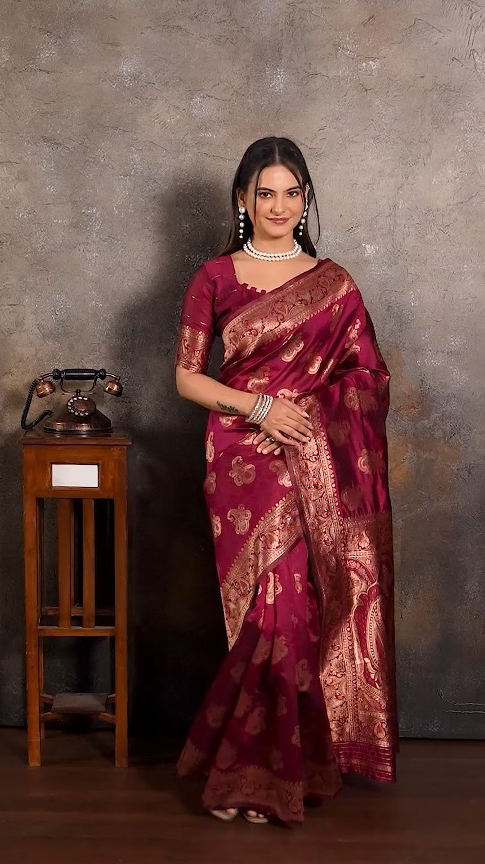 Amolika Sarees Premium Wine Magic Silk Saree With Rich Zari Border & Unstitched Blouse