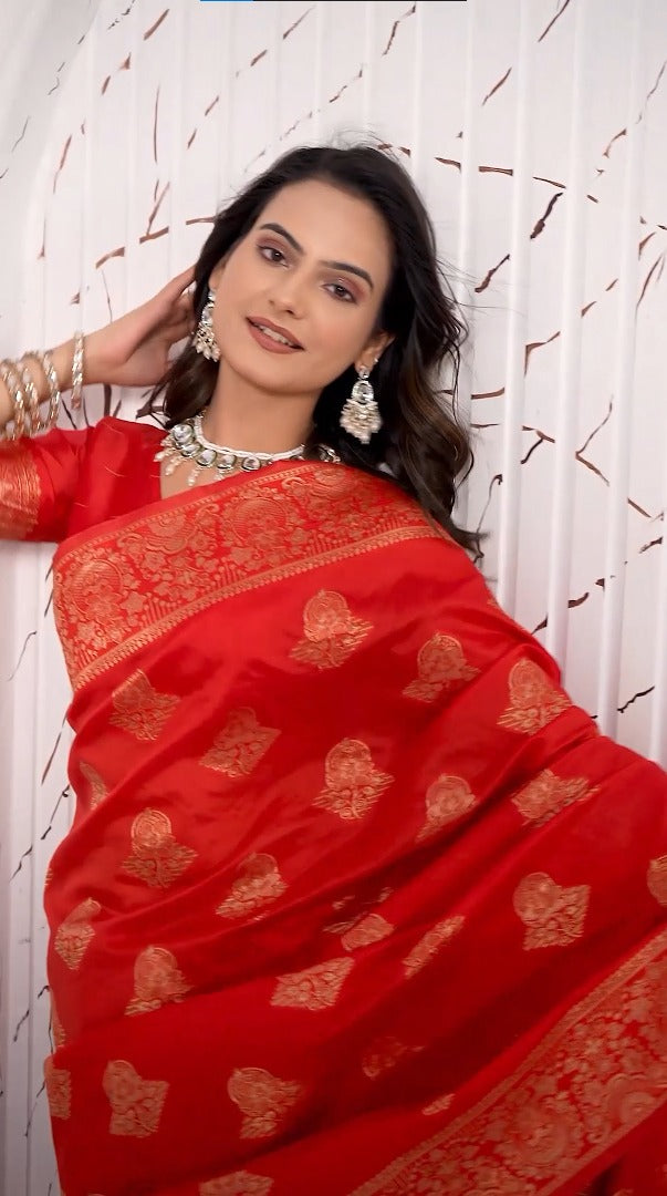 Amolika Sarees Royal Red Magic Silk Saree With Heavy Zari Border & Unstitched Blouse Piece