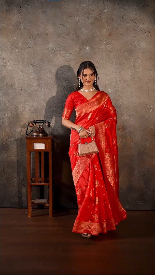 Amolika Scarlet Red Designer Saree Premium Magic Silk With Matching Unstitched Blouse