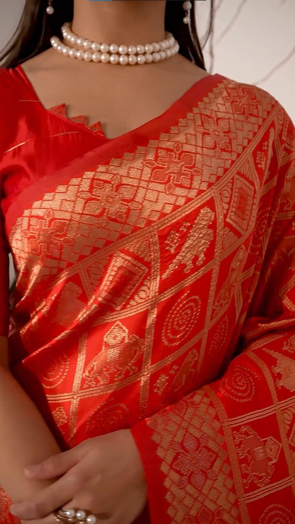Amolika Sarees Red Magic Silk Saree Heavy Zari Woven Border Festive Wedding Wear With Unstitched Blouse