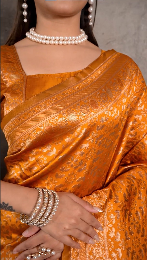 Amolika Sarees Magic Silk Saree Orange With Heavy Zari Woven Border & Unstitched Blouse Piece Party Wear