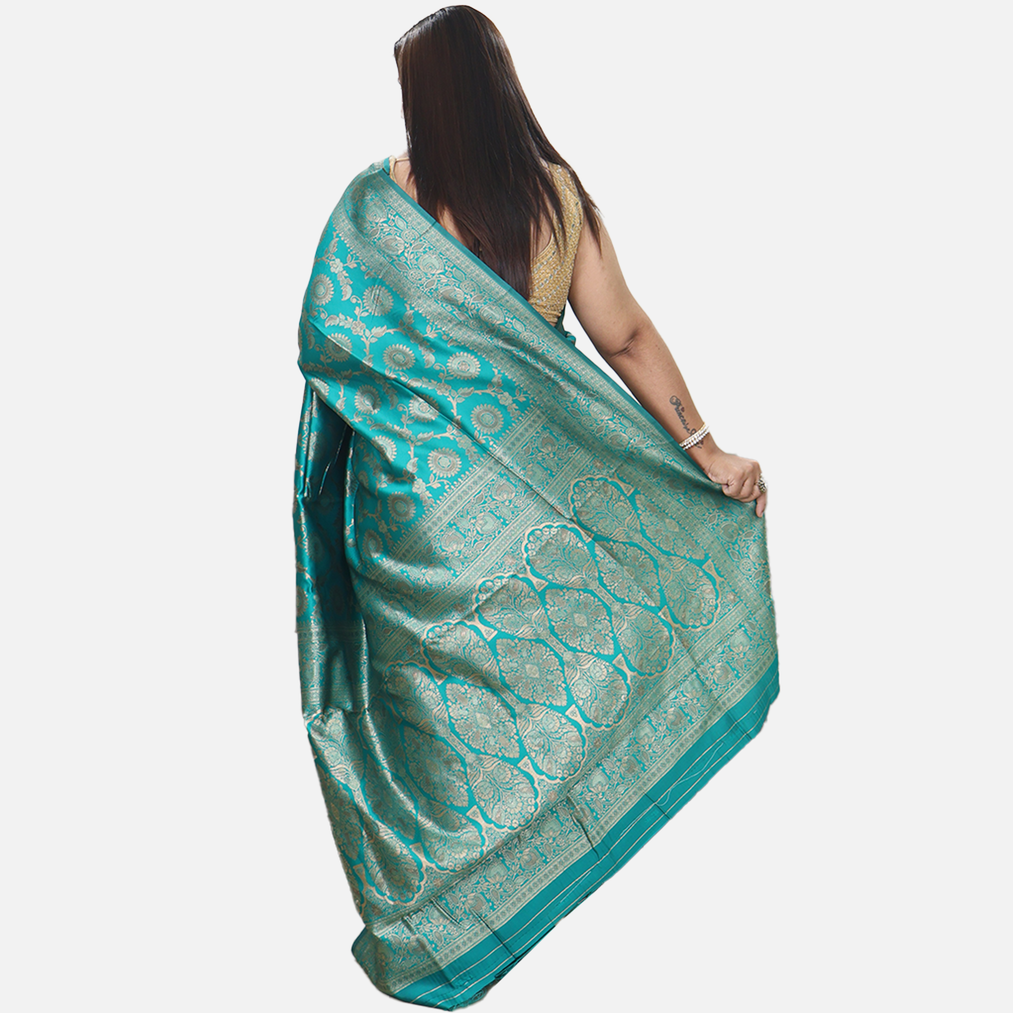 Amolika Sarees Teal Green Pure Banarasi Silk Saree With Zarkhan Work & Unstitched Blouse Piece