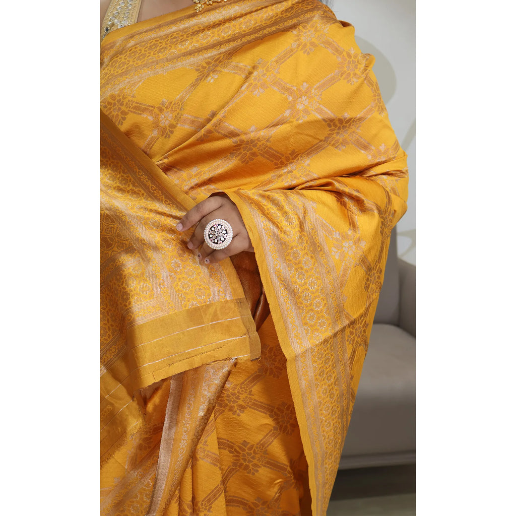 Amolika Sarees Mustard Banarasi Silk Saree With Premium Gold Zari Craft & Unstitched Blouse