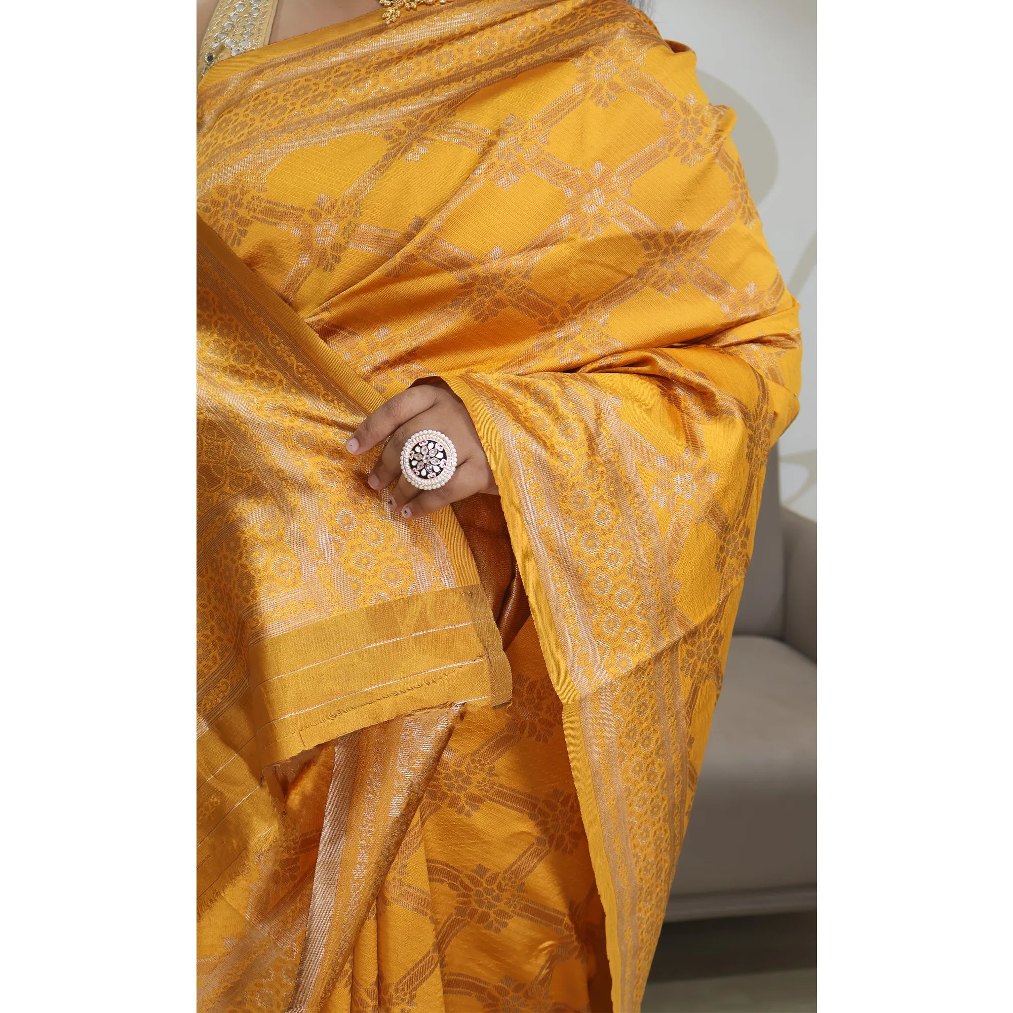 Amolika Sarees Mustard Banarasi Silk Saree With Premium Gold Zari Craft & Unstitched Blouse