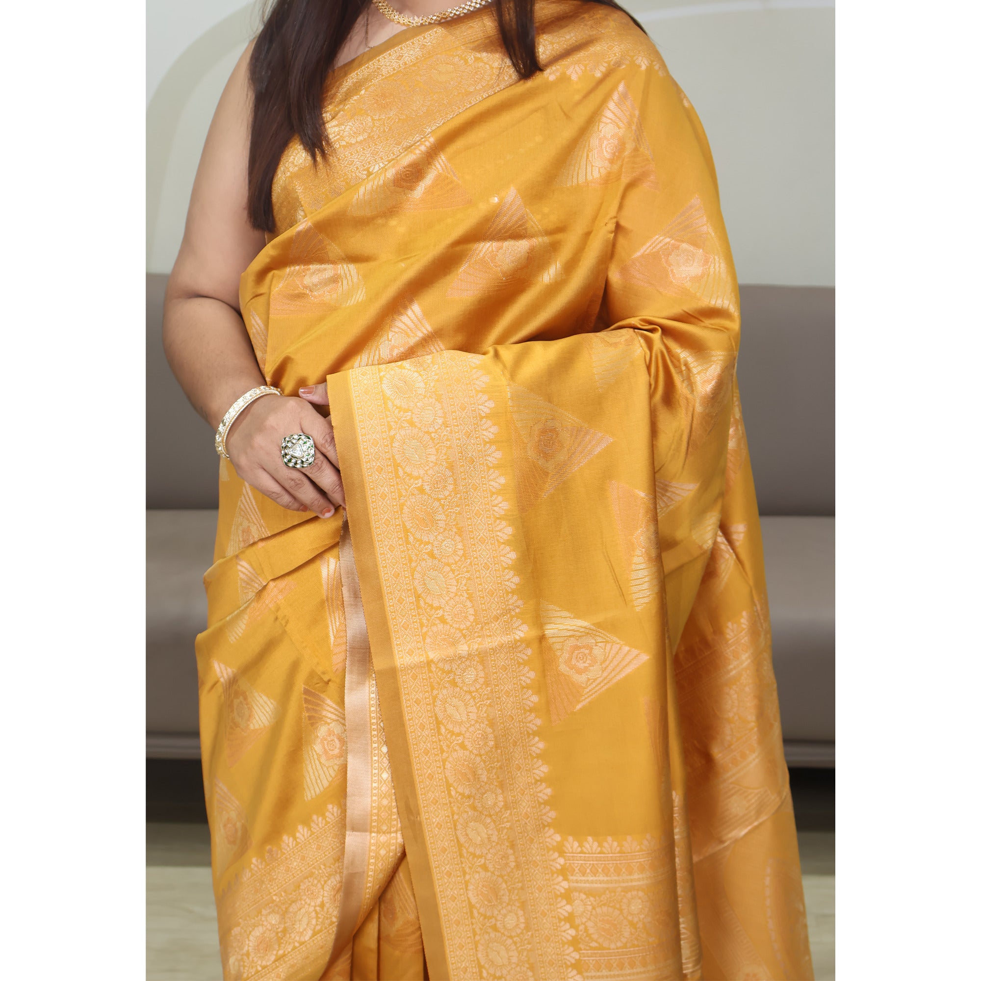 Amolika Sarees Mustard Pure Banarasi Silk Saree With Rich Butta Zari Work & Unstitched Blouse Piece