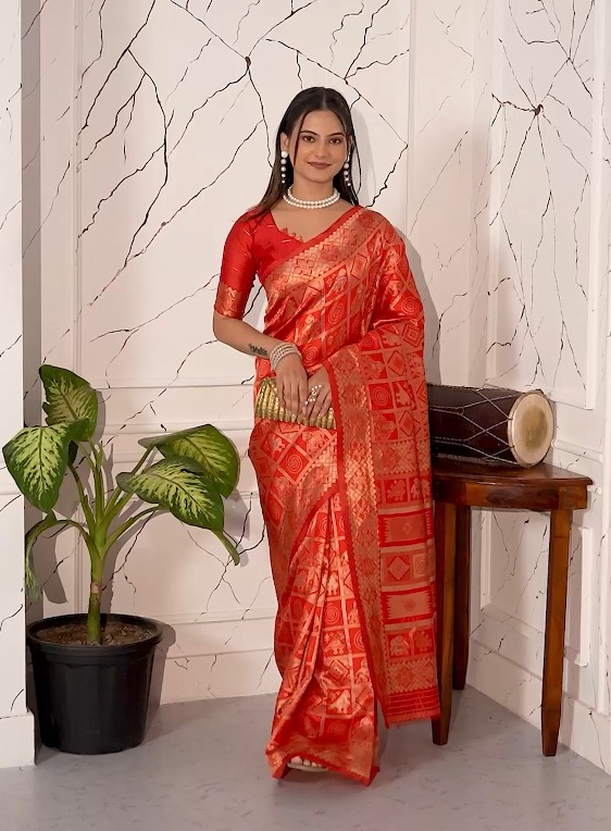Amolika Sarees Red Magic Silk Saree Heavy Zari Woven Border Festive Wedding Wear With Unstitched Blouse