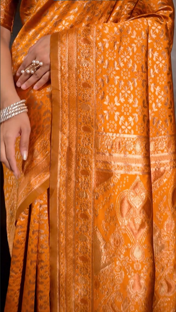 Amolika Sarees Magic Silk Saree Orange With Heavy Zari Woven Border & Unstitched Blouse Piece Party Wear