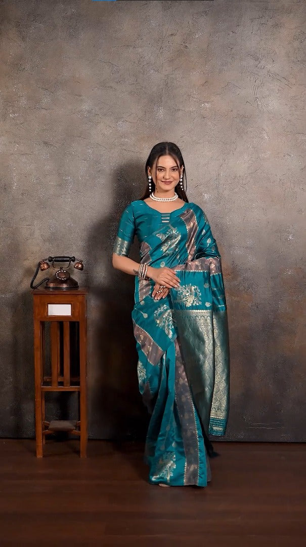 Amolika Regal Weave Teal Magic Silk Saree With Signature Zari & Unstitched Blouse