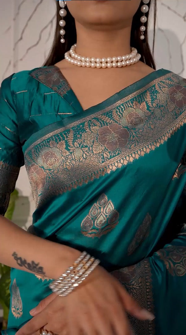 Teal green magic silk saree with zari woven border for women