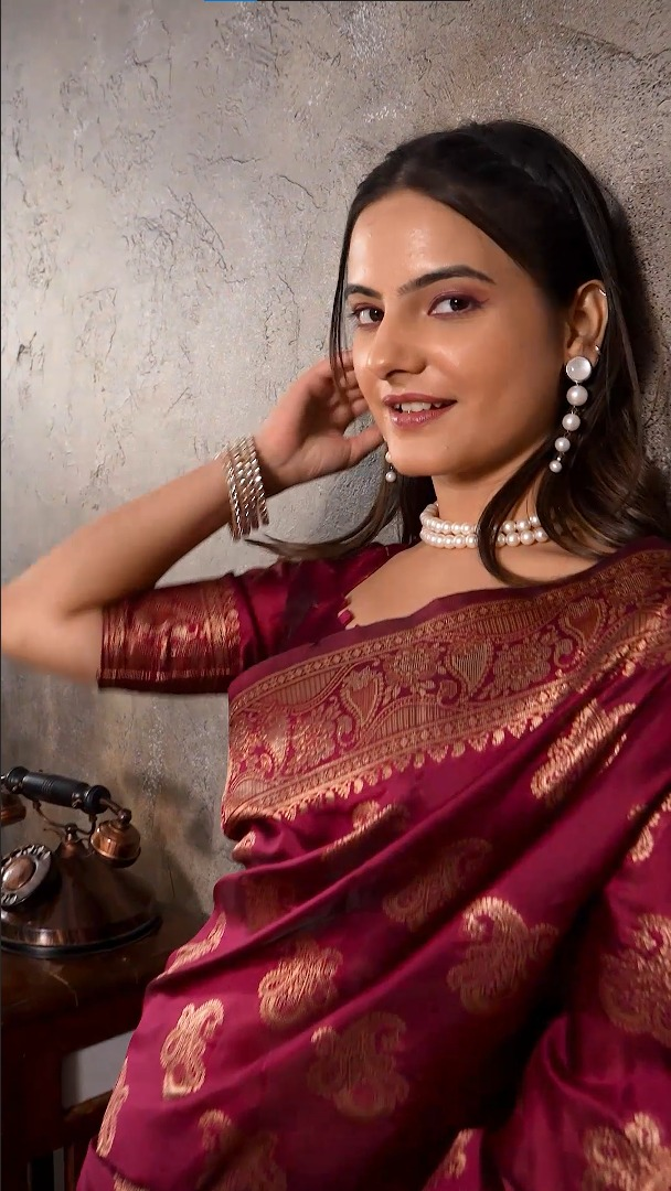Amolika Sarees Premium Wine Magic Silk Saree With Rich Zari Border & Unstitched Blouse