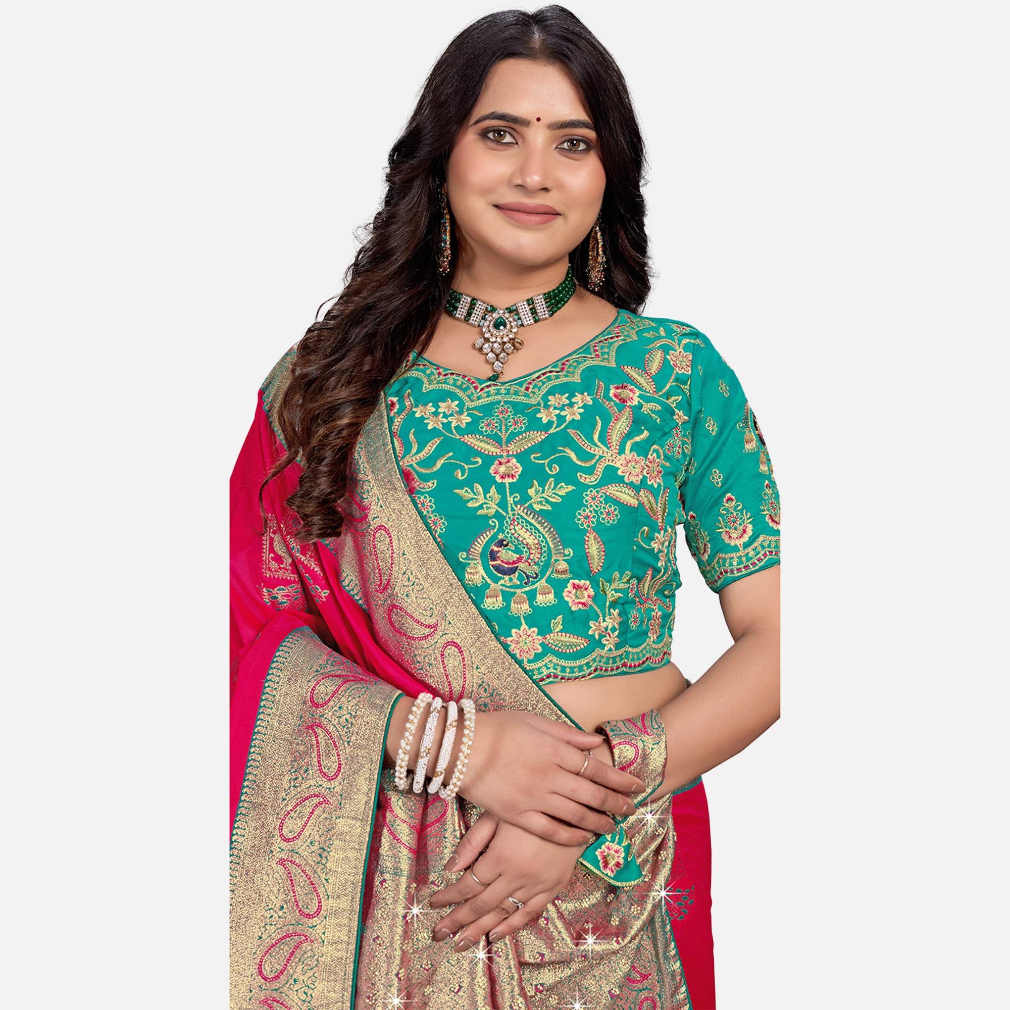 Amolika Sarees Green & Pink Silk Saree With Fully Stitched Contrast Blouse & Extra Unstitched Blouse Fabric