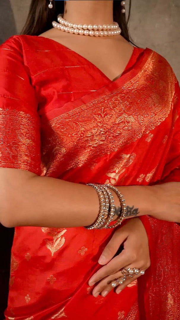 Amolika Scarlet Red Designer Saree Premium Magic Silk With Matching Unstitched Blouse