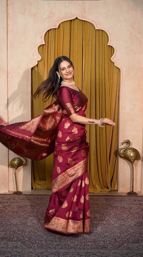 Amolika Designer Magic Silk Wine Saree With Rich Gold Zari Work & Swarovski Highlights With Unstitched Blouse Piece