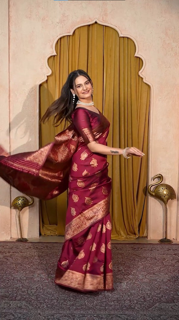 Amolika Designer Magic Silk Wine Saree With Rich Gold Zari Work & Swarovski Highlights With Unstitched Blouse Piece