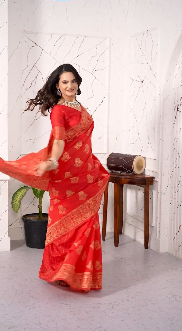 Amolika Sarees Royal Red Magic Silk Saree With Heavy Zari Border & Unstitched Blouse Piece
