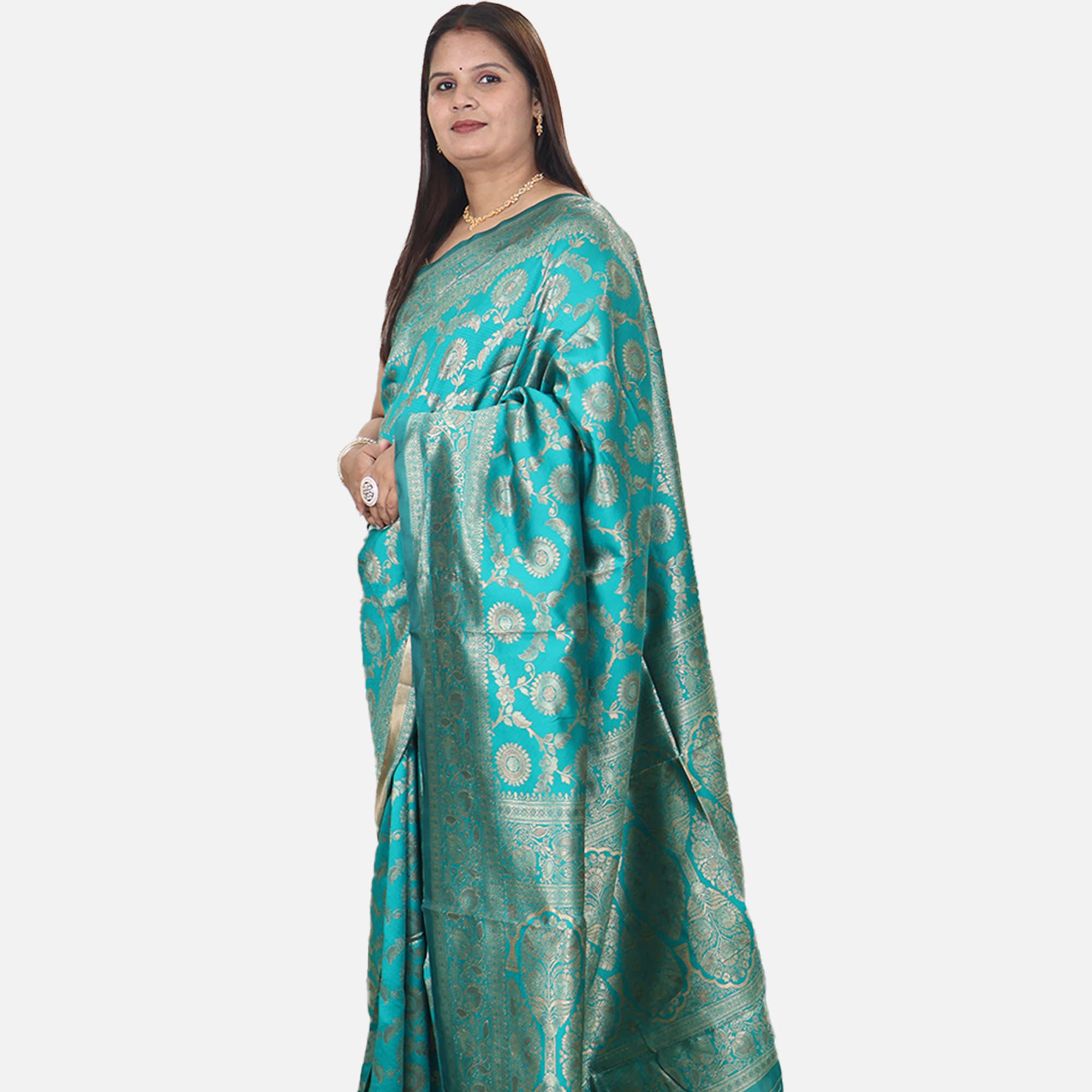 Amolika Sarees Teal Green Pure Banarasi Silk Saree With Zarkhan Work & Unstitched Blouse Piece