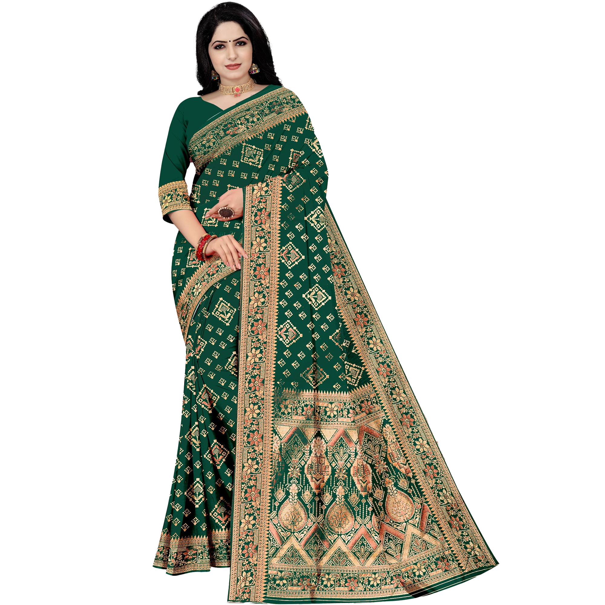 Amolika Sarees Classic Bottle Green Banarasi Silk Saree with Woven Border & Blouse Piece