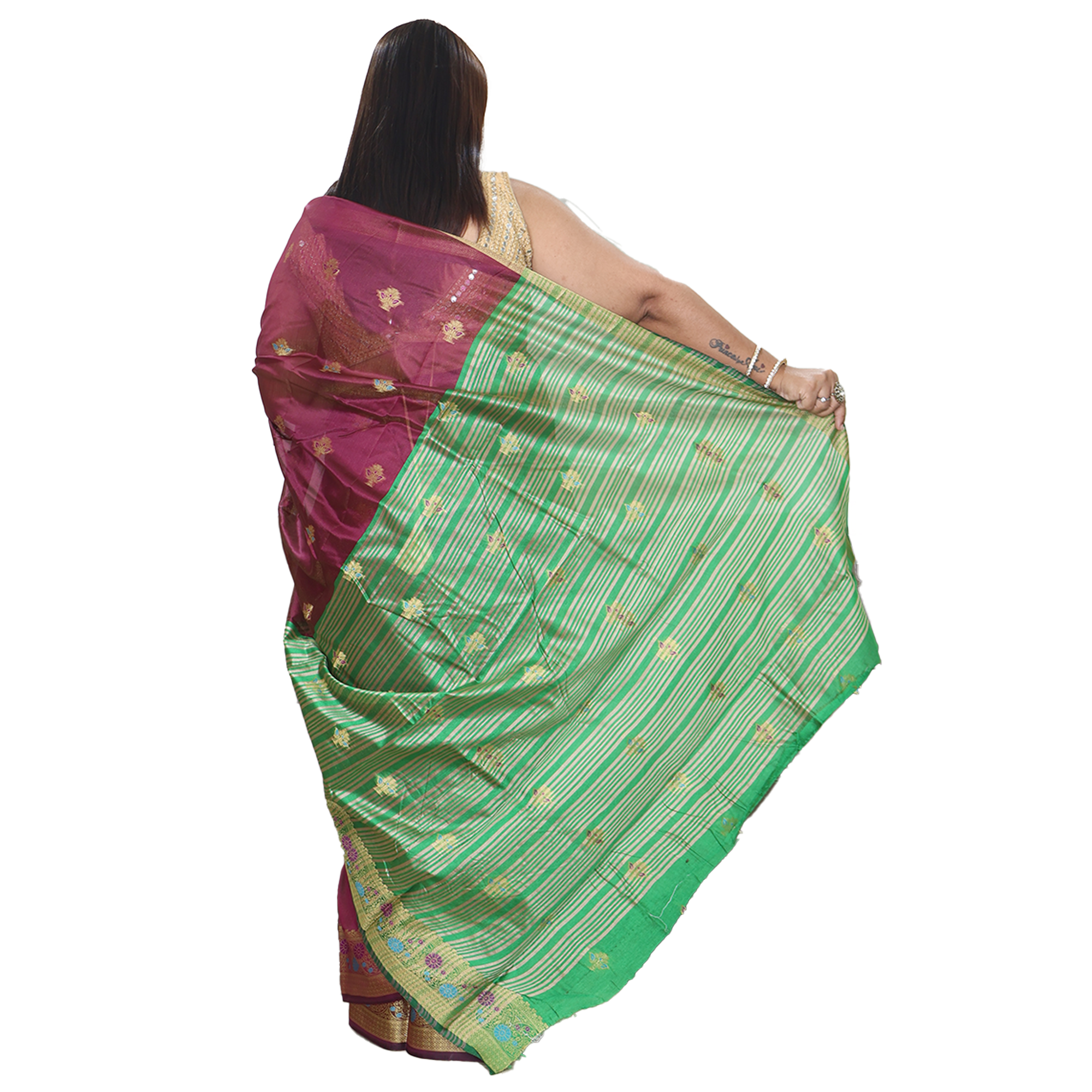 Amolika Sarees Maroon Organza Silk Saree With Traditional Butta Design & Chit Pallu Unstitched Blouse