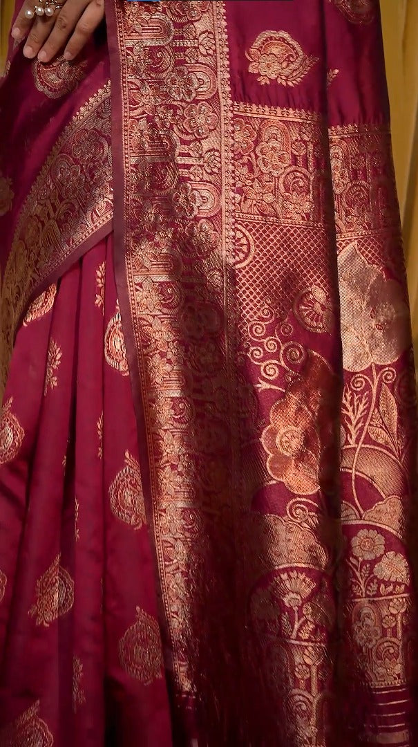 Amolika Designer Magic Silk Wine Saree With Rich Gold Zari Work & Swarovski Highlights With Unstitched Blouse Piece