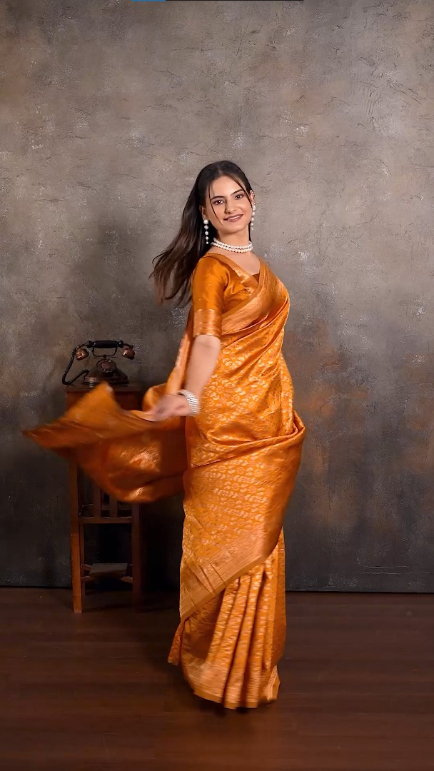 Amolika Sarees Magic Silk Saree Orange With Heavy Zari Woven Border & Unstitched Blouse Piece Party Wear