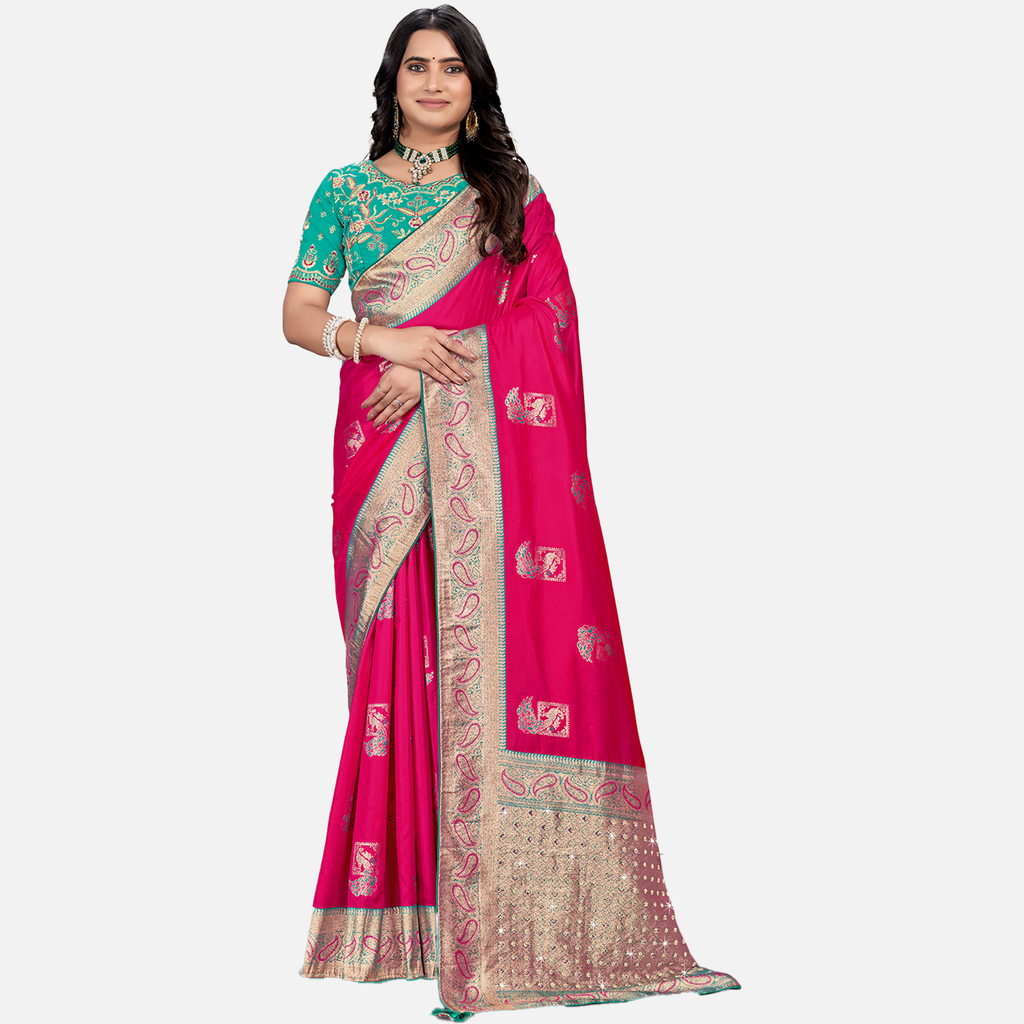 Amolika Sarees Green & Pink Silk Saree With Fully Stitched Contrast Blouse & Extra Unstitched Blouse Fabric