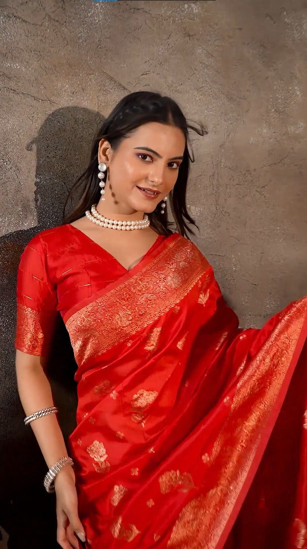 Amolika Scarlet Red Designer Saree Premium Magic Silk With Matching Unstitched Blouse