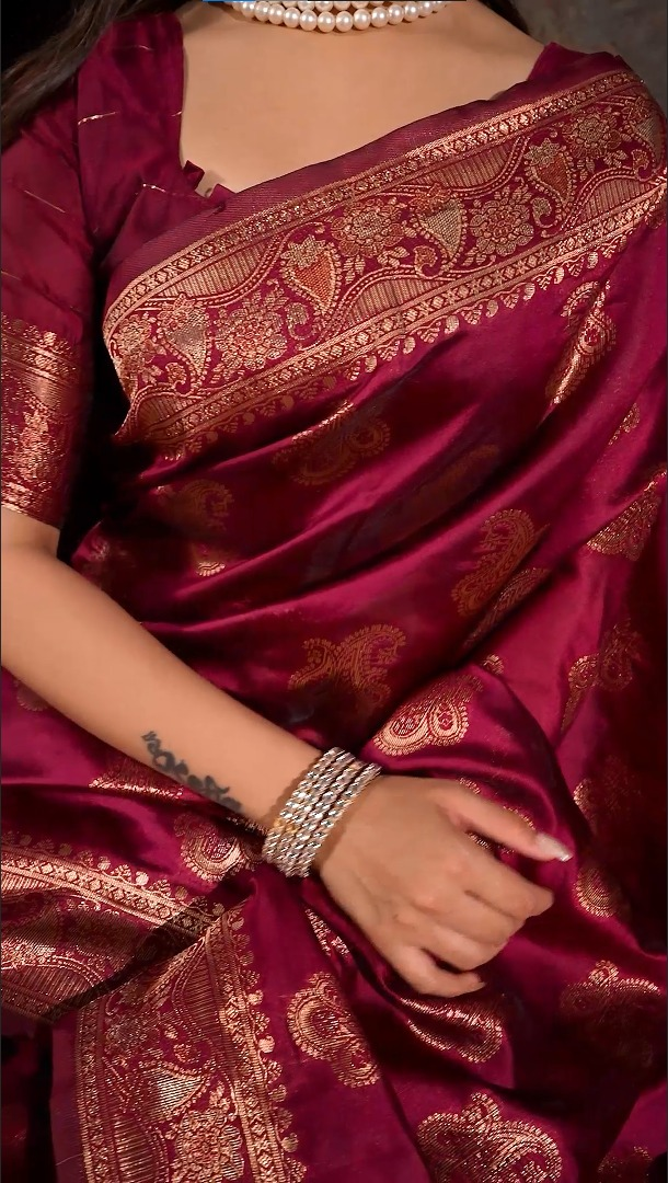 Amolika Sarees Premium Wine Magic Silk Saree With Rich Zari Border & Unstitched Blouse