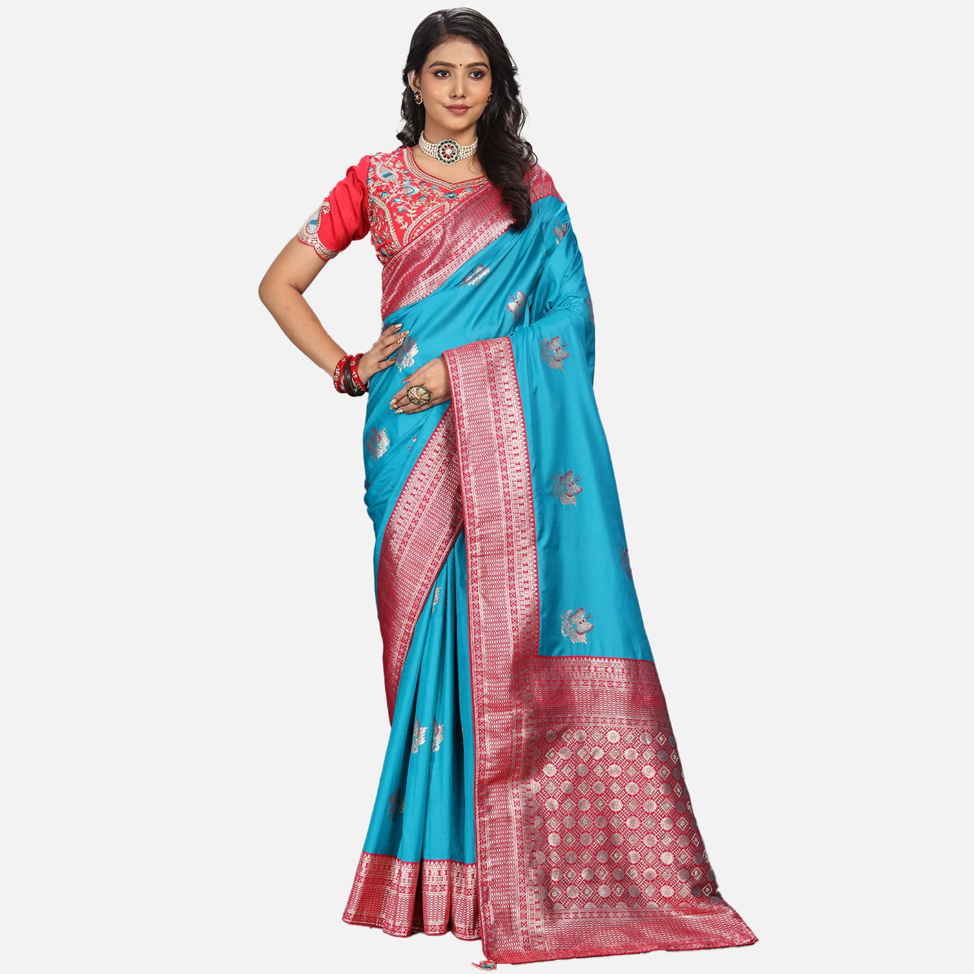 Amolika Sarees Turquoise Blue & Pink Saree With Fully Stitched Contrast Blouse & Extra Unstitched Blouse Fabric