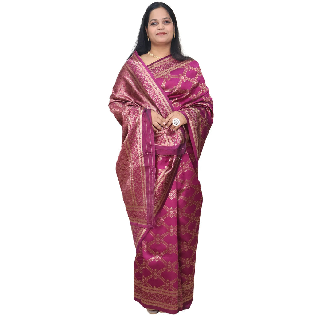 Amolika Sarees Regal Touch Wine Banarasi Silk Saree With Luxury Zari Finish & Unstitched Blouse