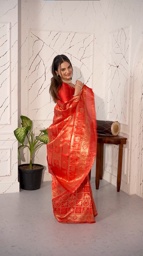 Amolika Sarees Red Magic Silk Saree Heavy Zari Woven Border Festive Wedding Wear With Unstitched Blouse