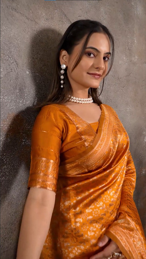 Amolika Sarees Magic Silk Saree Orange With Heavy Zari Woven Border & Unstitched Blouse Piece Party Wear