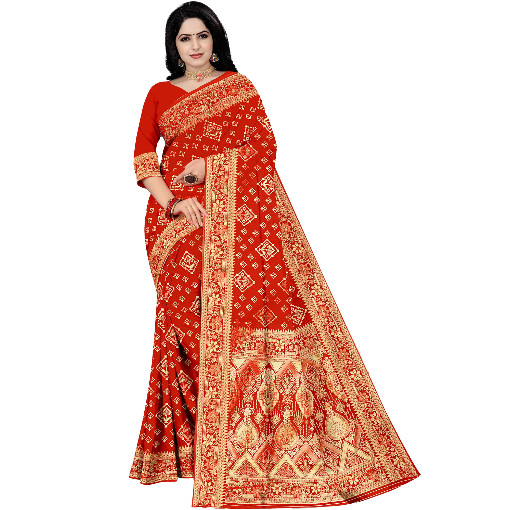 Amolika Sarees Luxury Red Banarasi Silk Saree Including Unstitched Blouse Material