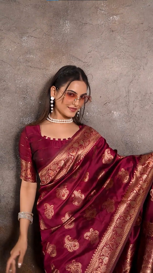 Amolika Sarees Premium Wine Magic Silk Saree With Rich Zari Border & Unstitched Blouse