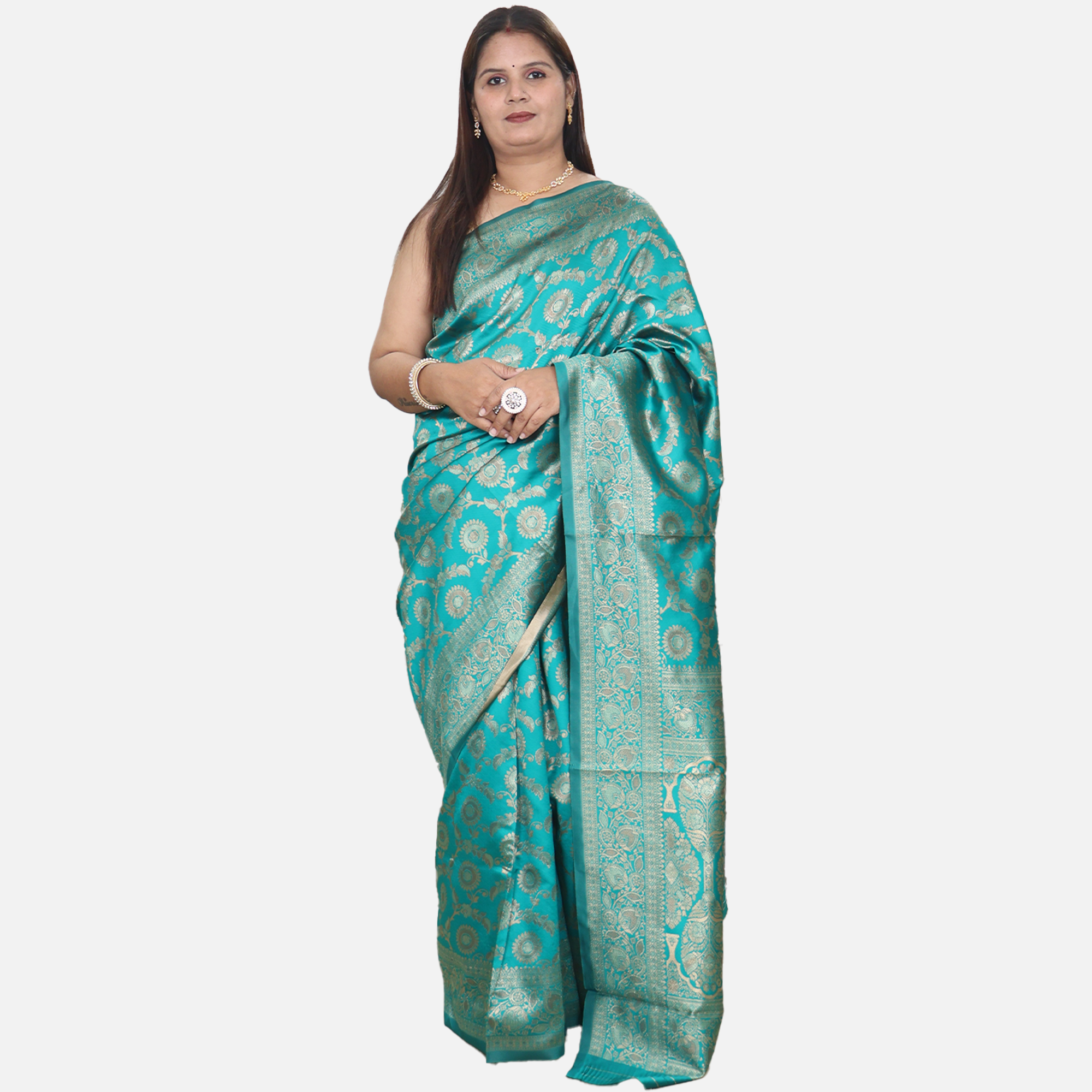 Amolika Sarees Teal Green Pure Banarasi Silk Saree With Zarkhan Work & Unstitched Blouse Piece