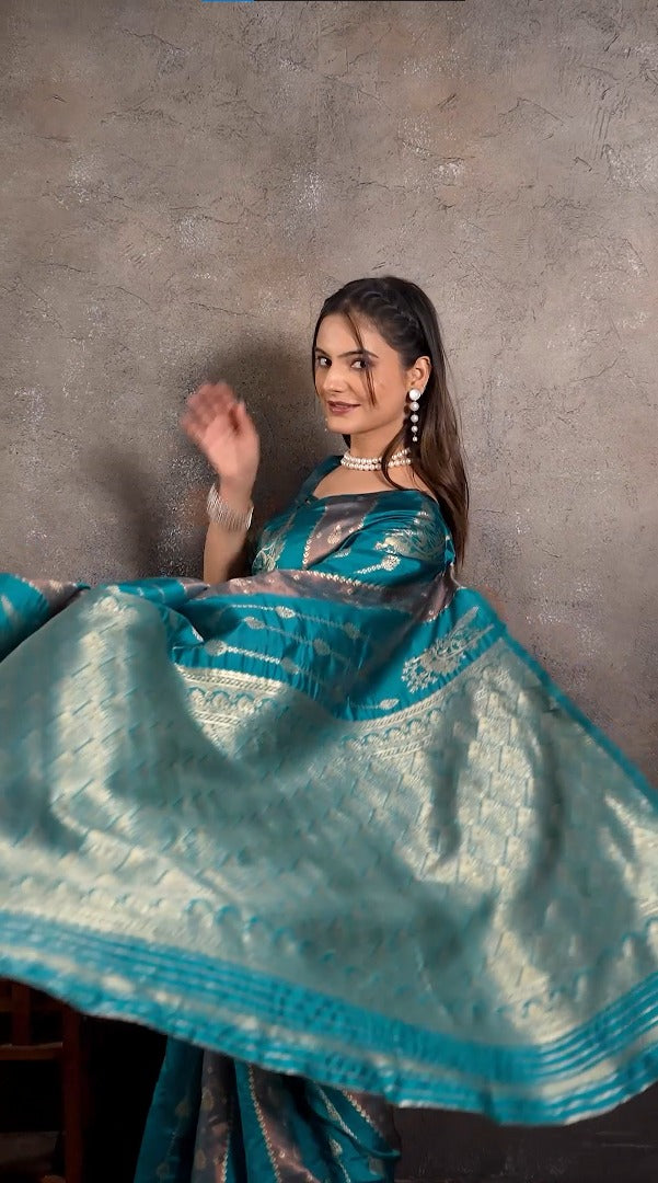 Amolika Regal Weave Teal Magic Silk Saree With Signature Zari & Unstitched Blouse