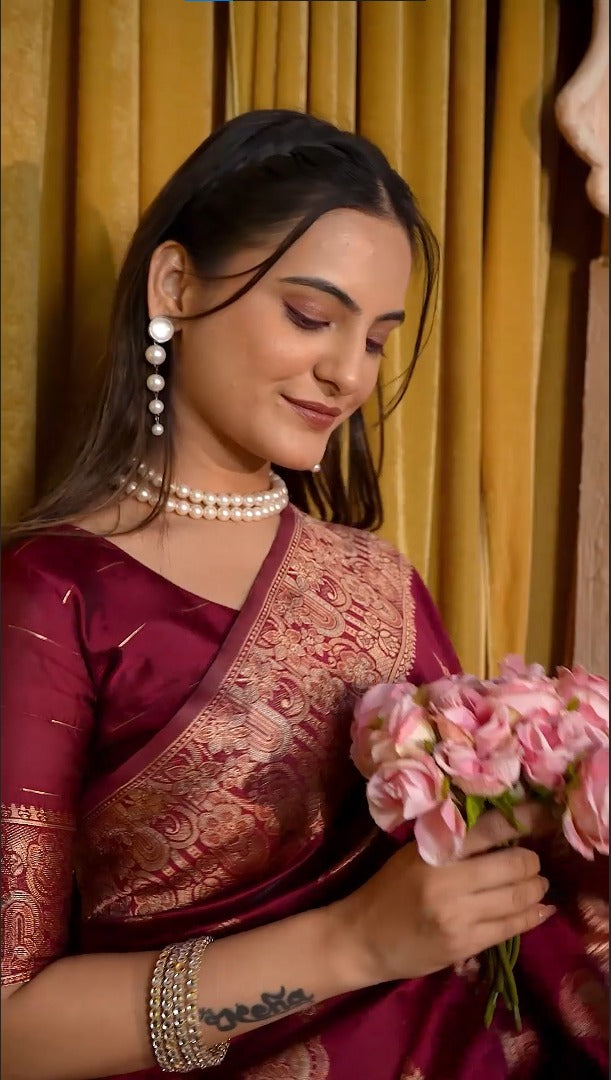 Amolika Designer Magic Silk Wine Saree With Rich Gold Zari Work & Swarovski Highlights With Unstitched Blouse Piece