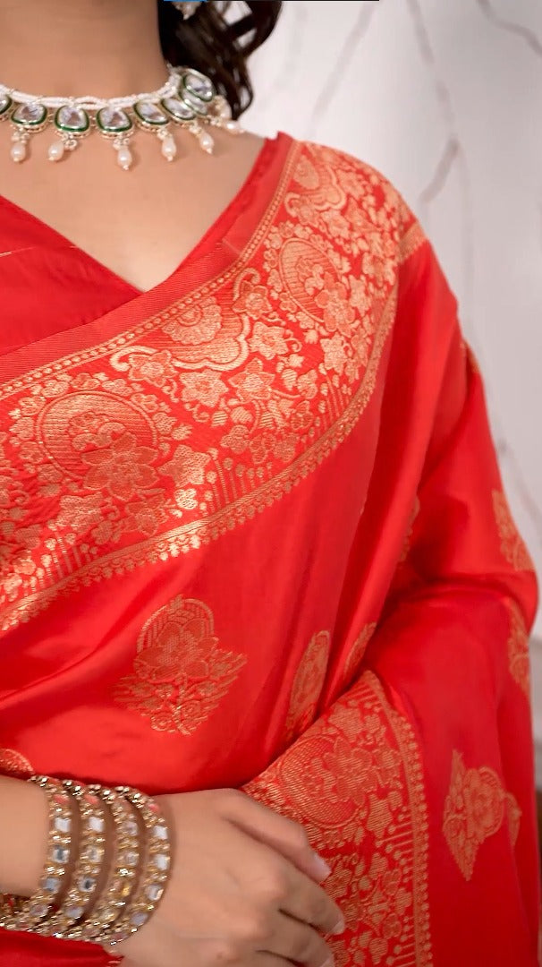 Amolika Sarees Royal Red Magic Silk Saree With Heavy Zari Border & Unstitched Blouse Piece