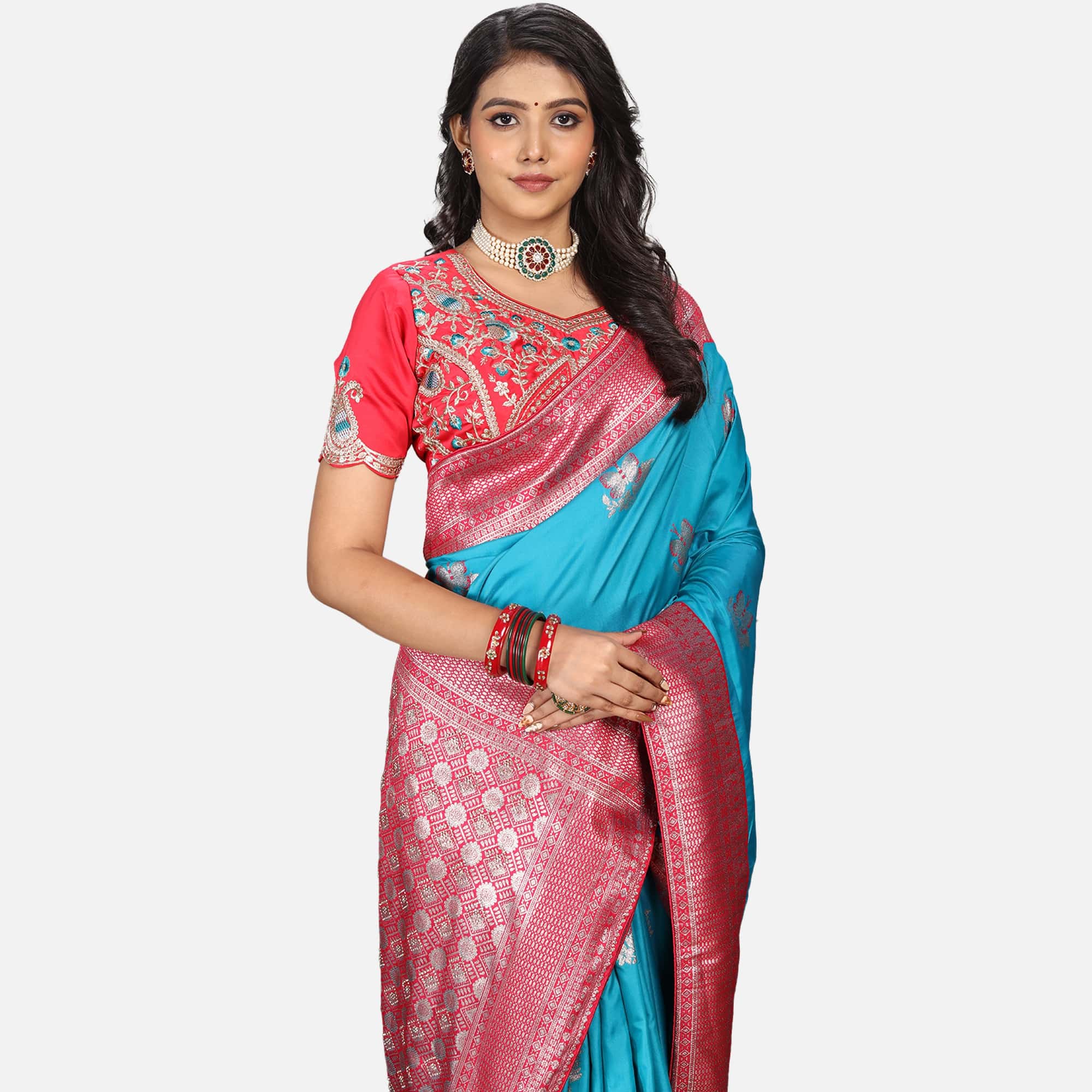 Amolika Sarees Turquoise Blue & Pink Saree With Fully Stitched Contrast Blouse & Extra Unstitched Blouse Fabric