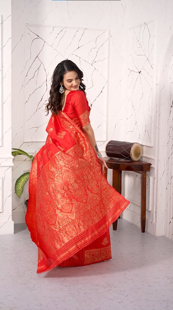 Amolika Sarees Royal Red Magic Silk Saree With Heavy Zari Border & Unstitched Blouse Piece