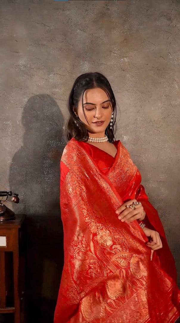 Amolika Scarlet Red Designer Saree Premium Magic Silk With Matching Unstitched Blouse